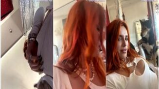 Bella Thorne: Probándose un traje blanco, sin tirantes