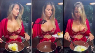 Aline Limas enseñando las tetas mientras desayuna