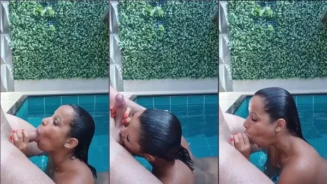 Joce haciéndole una mamada al gordito en la piscina