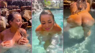 Jenni Neidhart toda bronceada y divirtiéndose en la piscina, se aprieta las tetas y presume el trasero