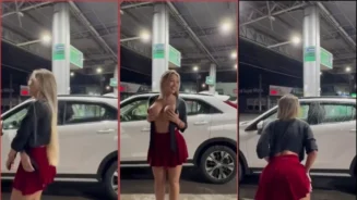 Karlyane Menezes mostrando sus tetas y su trasero, bailando y levantándose la falda en una gasolinera