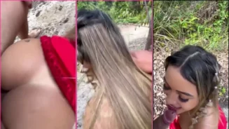 Karlyane Menezes sensualizándose al desnudarse y entregarse al hombre en plena naturaleza