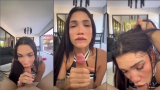 Japa Nordestina haciendo contenido para adultos en Onlyfans, haciendo un oral muy profundo y tragándoselo todo